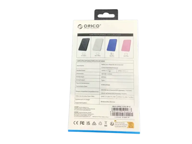 Back of ORICO HDD enclosure packaging showing specifications and color options available