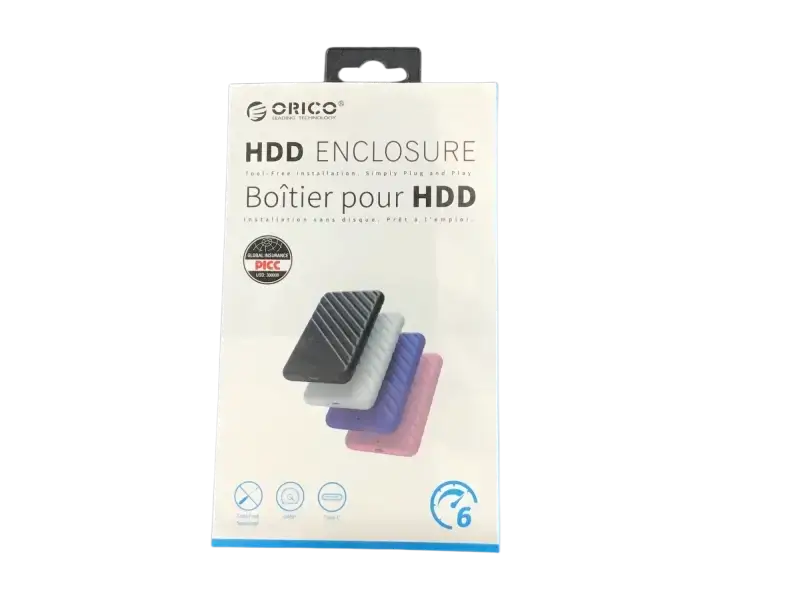 ORICO HDD enclosure packaging showcasing multiple colors and a sleek design for external storage solutions