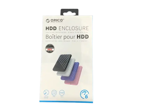 ORICO HDD enclosure packaging showcasing multiple colors and a sleek design for external storage solutions