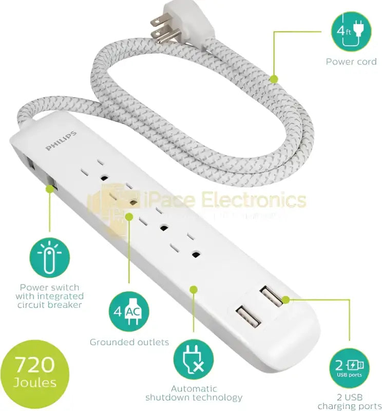 Philips surge protector power strip with 4 AC outlets and 2 USB charging ports for home and office use
