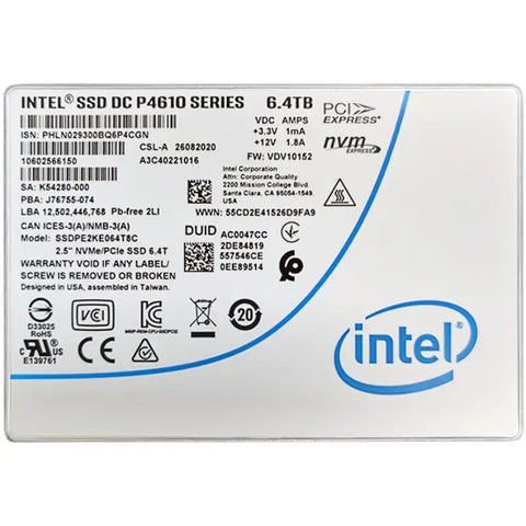 Intel DC P4610 Series 6.4TB NVMe PCIe 2.5in U.2 Internal SSD SSDPE2KE064T8