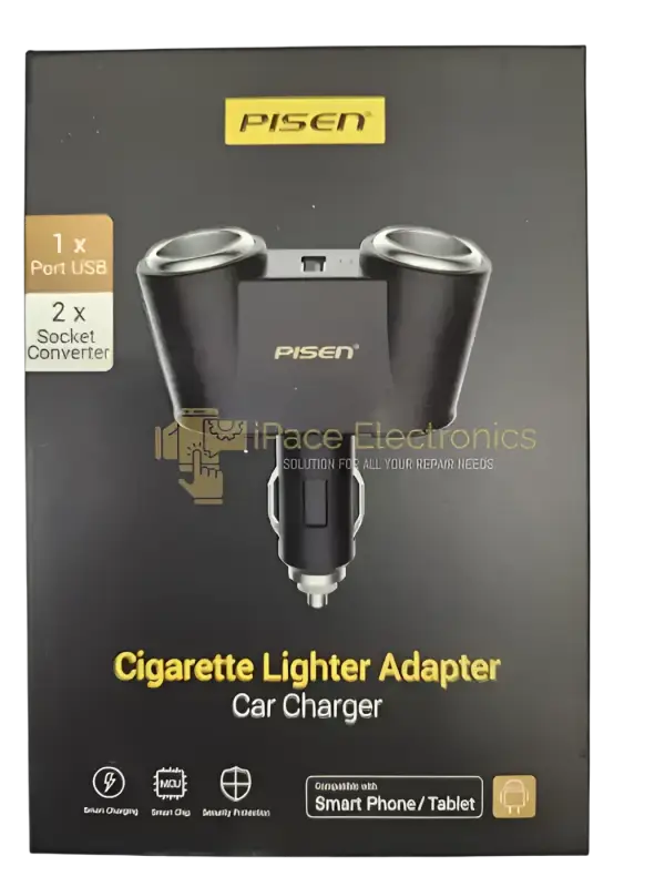 Pisen Car Cigarette Lighter Adapter with two socket converters and one USB port for charging devices