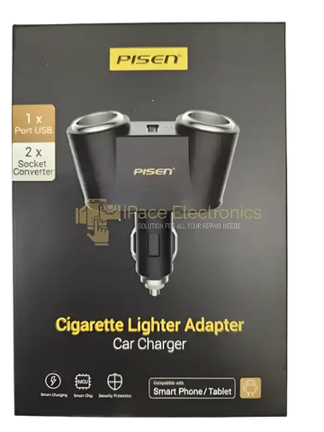 Pisen Car Cigarette Lighter Adapter with two socket converters and one USB port for charging devices