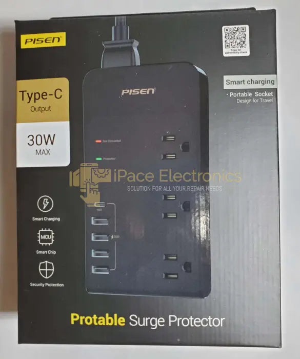Pisen Portable Surge Protector With 4 Usb Type-A 1 Type-C Ports 6A Max 30W Cord Plus 3 Power Outlets