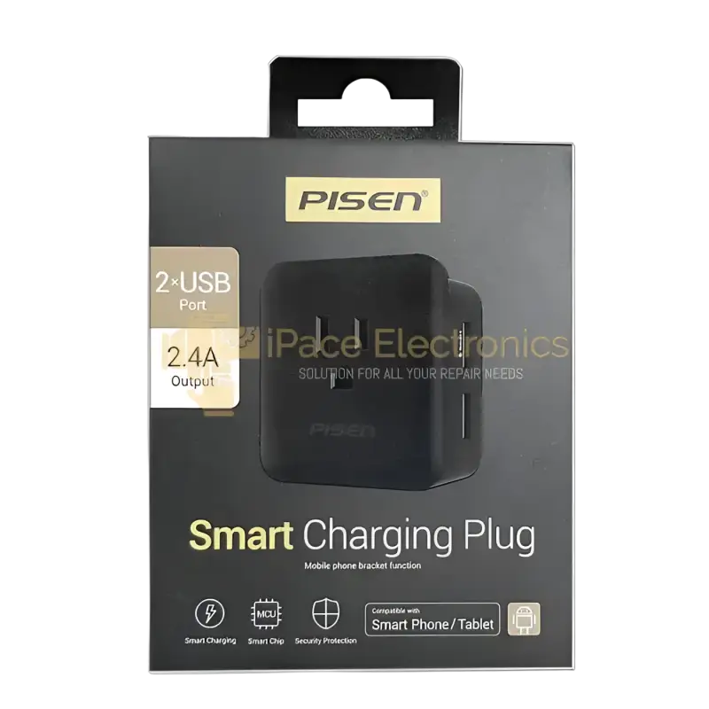 Pisen smart charging plug with two USB ports and 2.4A output for fast charging devices