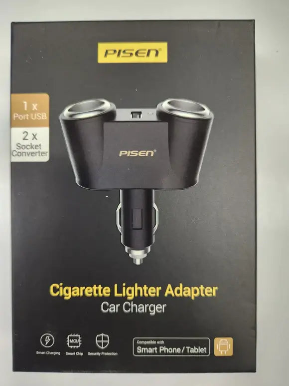 Pisen Car Cigarette Lighter Adapter Car Charger 1 USB Port, 2 Car Socket Splitter