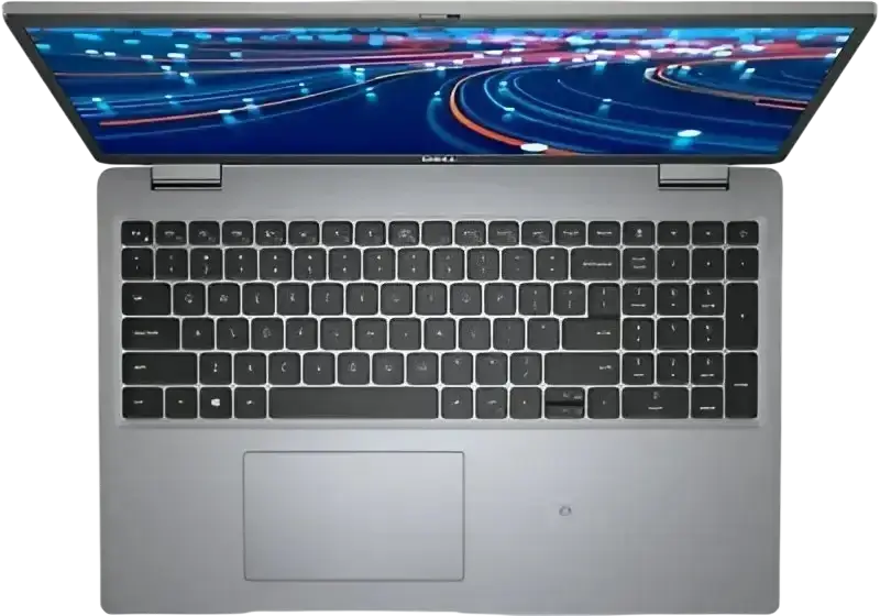 Top view of a pre owned Dell Latitude 5520 i7 laptop with a sleek keyboard and vibrant display