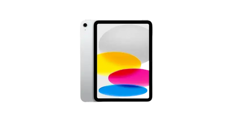 Preowned Apple iPad 10th generation in silver with vibrant display showcasing colorful graphics