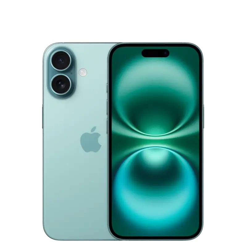 Preowned apple iphone 16 128gb unlocked in teal showing back with dual camera and rounded edges highlighting apple intelligence