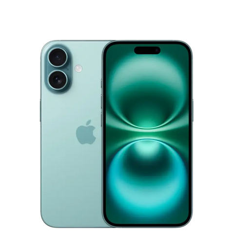 Preowned apple iphone 16 128gb unlocked in teal showing back with dual camera and rounded edges highlighting apple intelligence