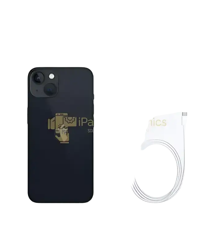 Preowned iphone 13 128gb unlocked with gold camera module and white charging cable shown from back for ipace electronics phone repair