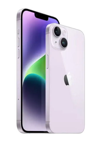 Preowned iPhone 14 Plus purple displayed from front and back with sleek design and dual cameras
