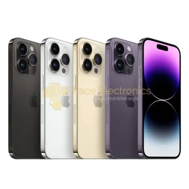 Preowned iPhone 14 Pro Max unlocked in various colors including black, white, gold, and purple