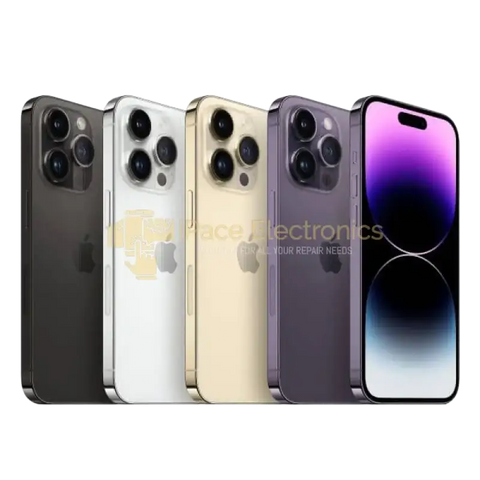 Preowned iPhone 14 Pro Max unlocked in various colors including black, white, gold, and purple