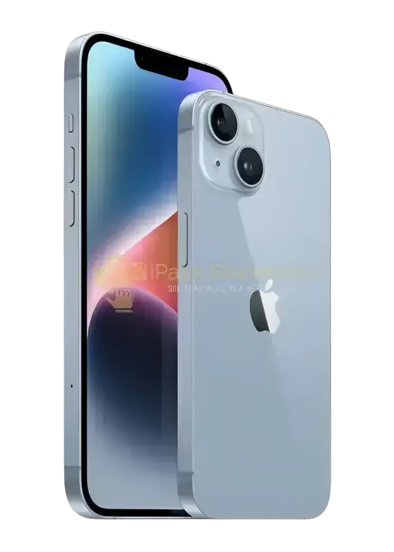 Preowned iPhone 14 unlocked in bright blue color showcasing its sleek design and dual camera system