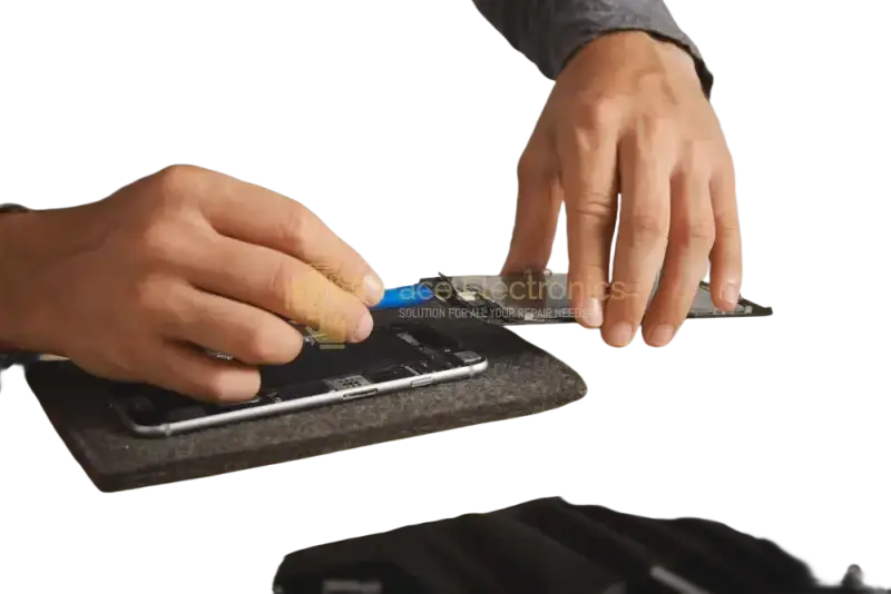 Expert performing professional iPhone screen repair service on a smartphone with precision tools.