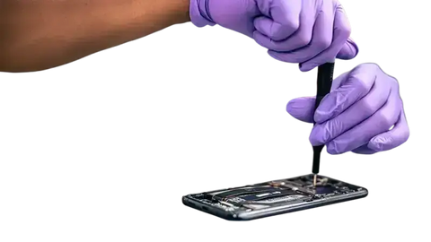 Technician performing a professional iPhone screen repair service with precision tools and gloves