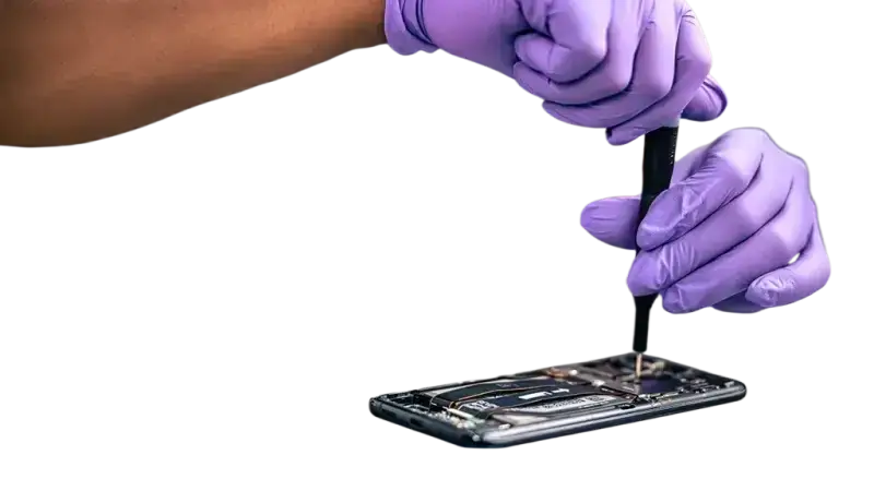Technician performing a professional iPhone screen repair service with precision tools and gloves