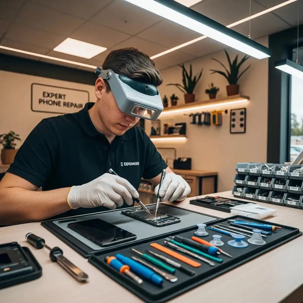 Professional phone repair technician working on a smartphone in a repair shop