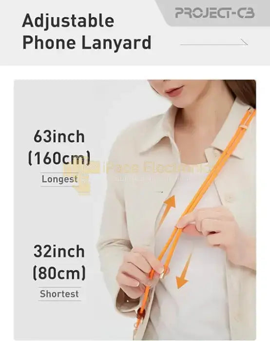 Woman adjusting orange adjustable phone lanyard from Project-CB, showing length options at 32 and 63 inches.