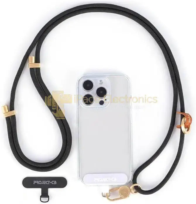 High-quality Project-CB cell phone lanyard with adjustable crossbody strap, rust-proof metal hook, and clear phone case.