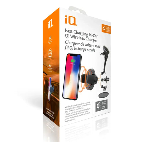 Iq fast charging wireless car mount with black suction cup mount and adjustable clamps for apple and android devices