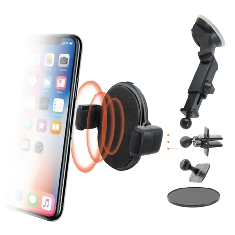 Iq fast charging wireless car mount with black suction cup mount and adjustable clamps for apple and android devices