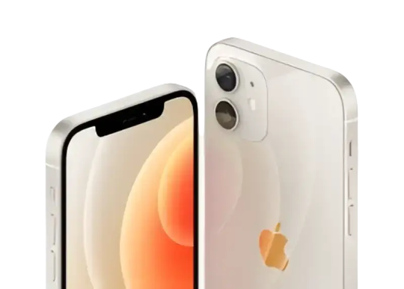 Back of refurbished apple iphone 12 mini a2176 white showing dual-camera system and gold apple a14 bionic logo