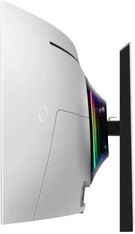 Curved white samsung 49 inch odyssey oled g9 gaming monitor with vibrant rainbow display and 03ms response time