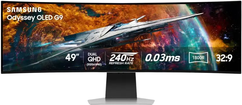 Samsung 49 inch Odyssey OLED G9 gaming monitor with neo quantum processor 03ms response time and curved black silver stand displaying space imagery