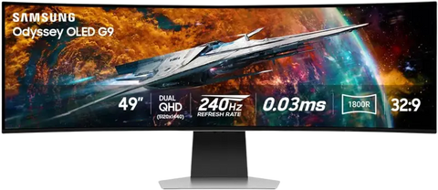 Samsung 49 inch Odyssey OLED G9 gaming monitor with neo quantum processor 03ms response time and curved black silver stand displaying space imagery