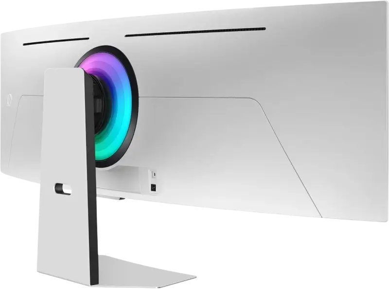 Back view of samsung 49 inch odyssey oled g9 gaming monitor with white curved screen circular rgb light ring and sleek metallic stand featuring quantum processor pro and 03ms response time