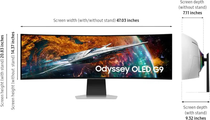 Samsung 49 inch Odyssey oled g9 gaming monitor with 47.03 inch curved screen, white bezel, silver stand, and 03ms response time