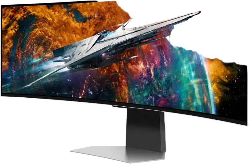 Samsung 49 inch Odyssey OLED G9 gaming monitor with curved screen, neo quantum processor, 03ms response time, black silver stand displaying vibrant space scene