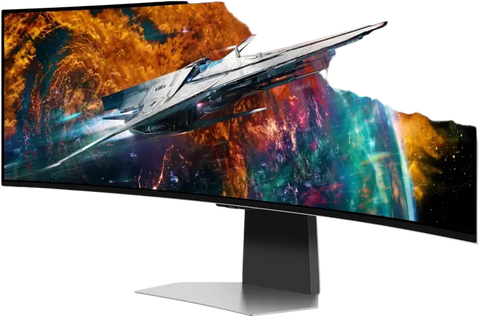 Samsung 49 inch Odyssey OLED G9 gaming monitor with neo quantum processor 03ms response time and curved black silver stand displaying space imagery