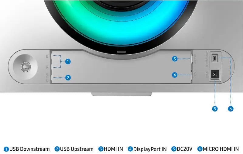 Silver samsung 49 inch odyssey oled g9 gaming monitor with circular rgb led light ring and neo quantum processor
