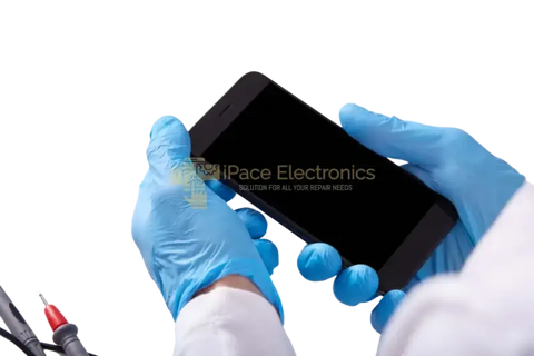 Samsung Galaxy A screen replacement held by a technician in blue gloves with repair tools in the background