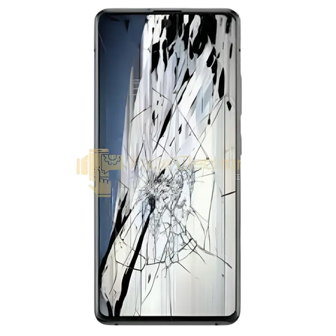 Samsung Galaxy A screen replacement held by a technician in blue gloves with repair tools in the background