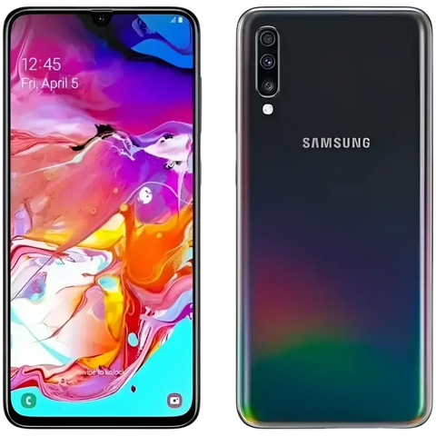 Samsung Galaxy A70 unlocked smartphone showcasing vibrant display and sleek dual-camera design