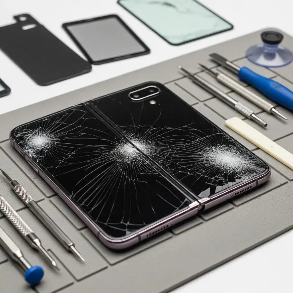 Samsung Galaxy Fold showing cracked screen and shattered back glass, highlighting common damage types