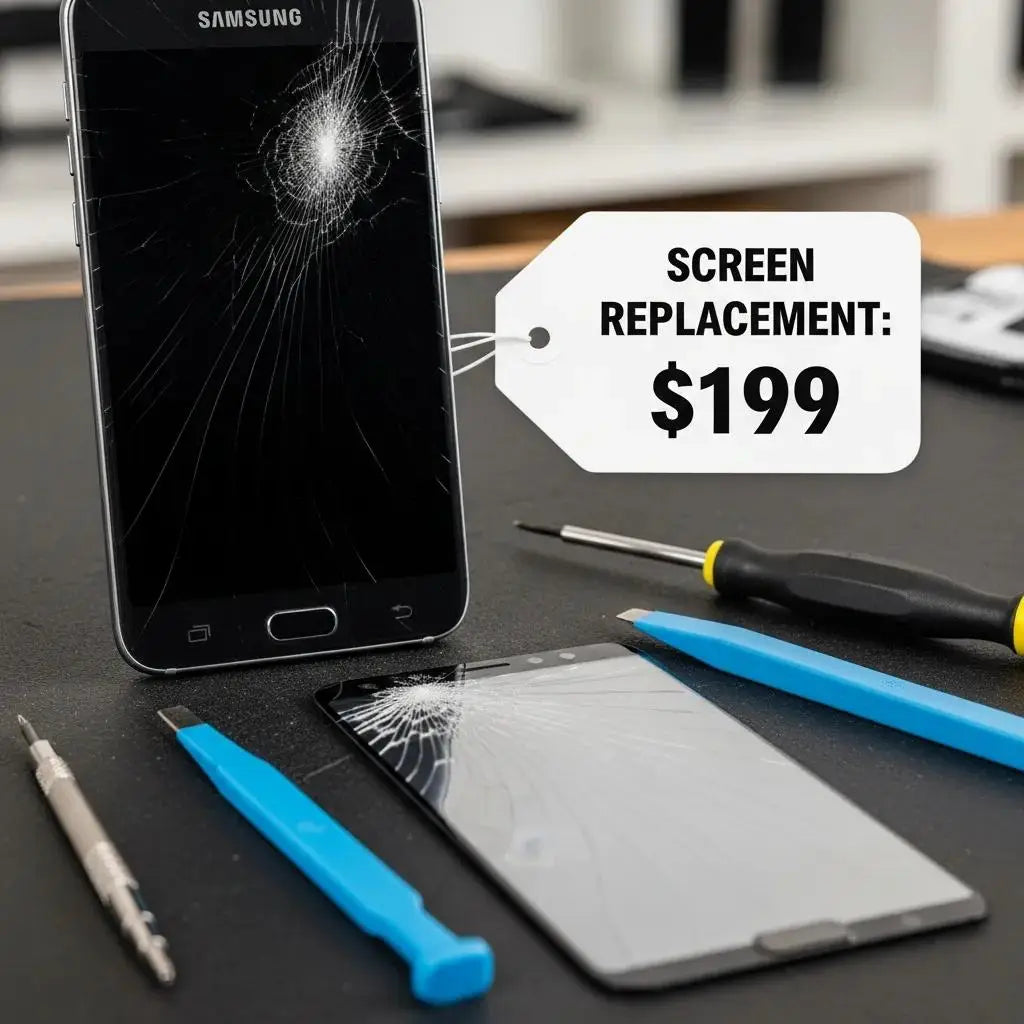 Cracked Samsung Galaxy screen beside repair tools to illustrate cost considerations
