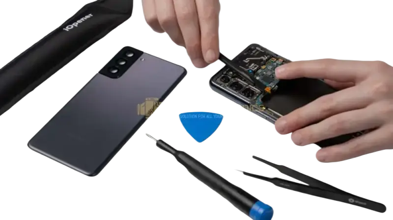 Samsung Galaxy S screen repair tools and process with a technician working on a phone