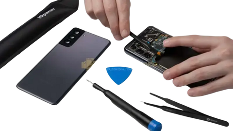 Samsung Galaxy S screen repair tools and process with a technician working on a phone