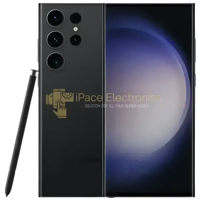 Samsung Galaxy S23 Ultra unlocked smartphone in black with stylus and multiple camera lenses