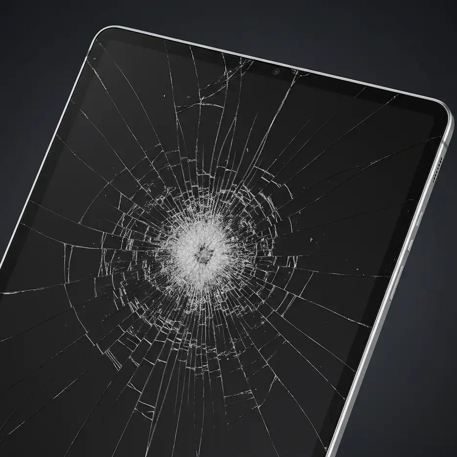 A shattered silver-framed tablet screen with a black display and intricate spiderweb cracks radiating from the center.