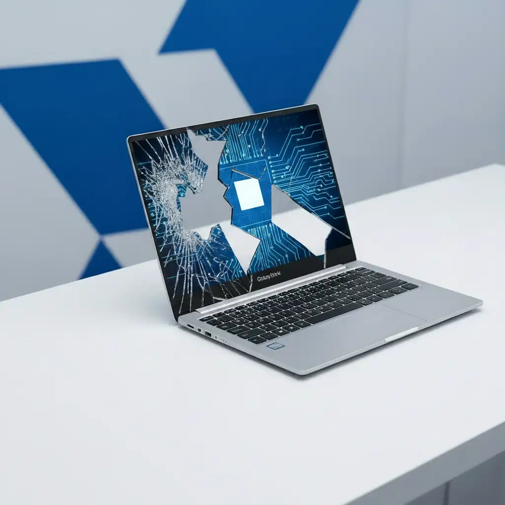 Silver samsung galaxy book laptop with a shattered screen displaying a blue circuit board design.