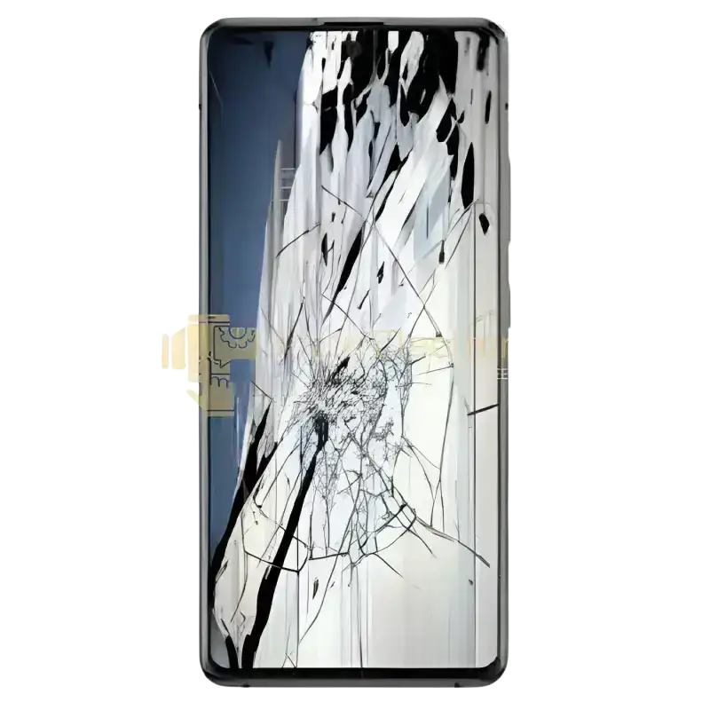 Samsung Galaxy A screen replacement held by a technician in blue gloves with repair tools in the background