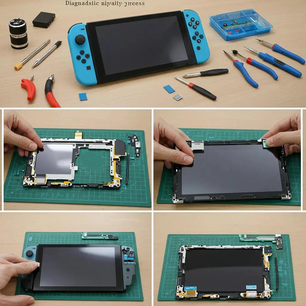 Step-by-step repair process of a Nintendo Switch screen, showcasing diagnostic assessment and parts replacement