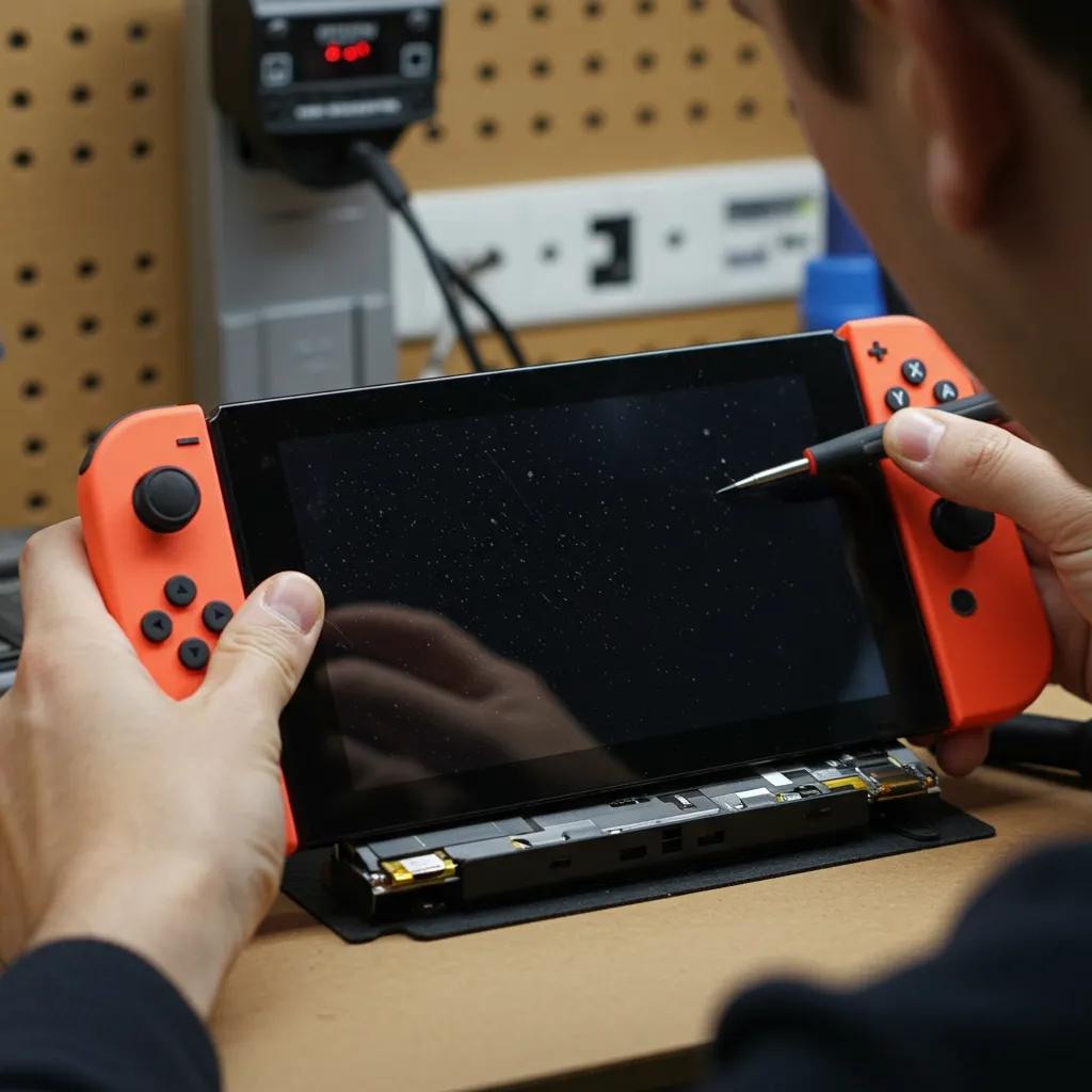 Technician examining a Nintendo Switch screen with black spots and flickering display, highlighting common screen issues