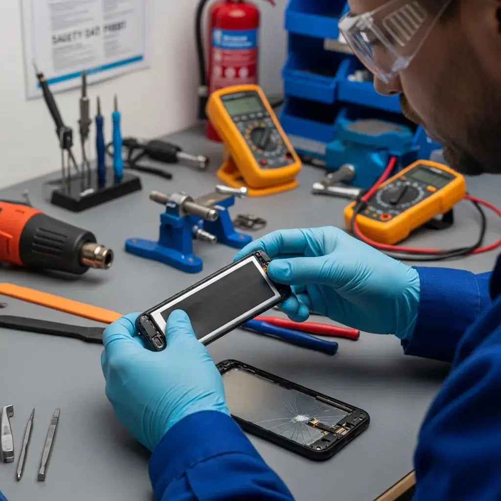 Technician removing a swollen smartphone battery safely at Ipace Electronics